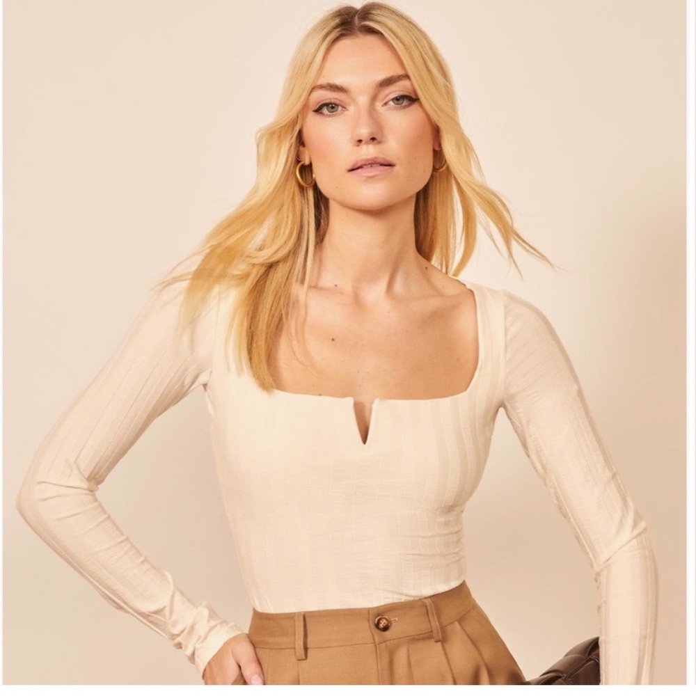 Reformation Cream Long Sleeve Square Neck Top
